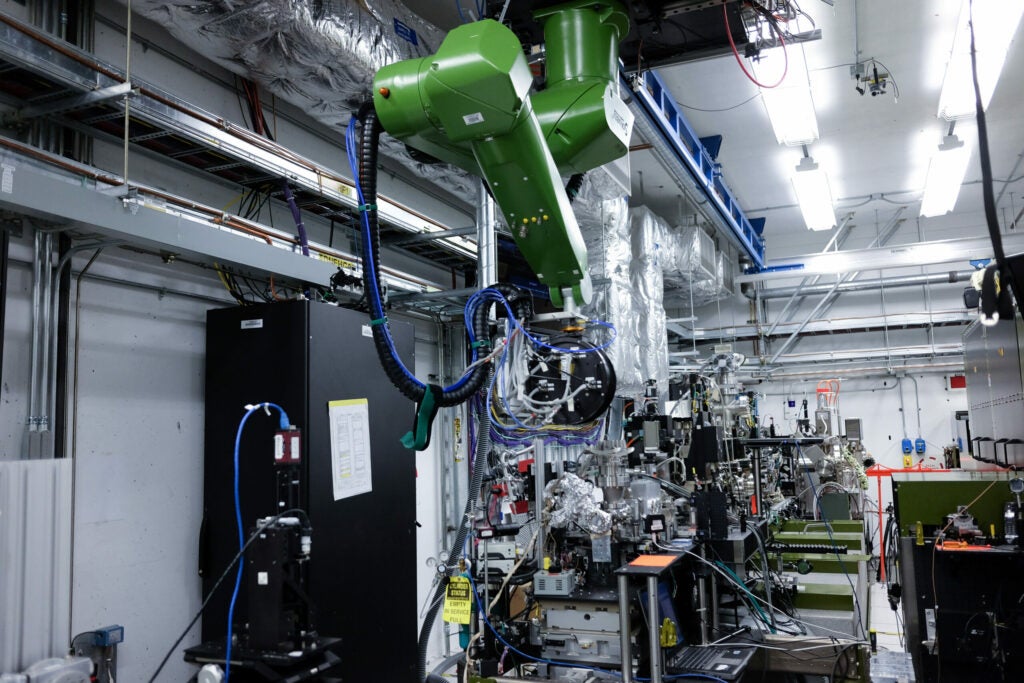 Inside the X-Ray Pump Probe, a robotic arm is able to position the material being tested in different positions as it's being hit by the X-Ray light.