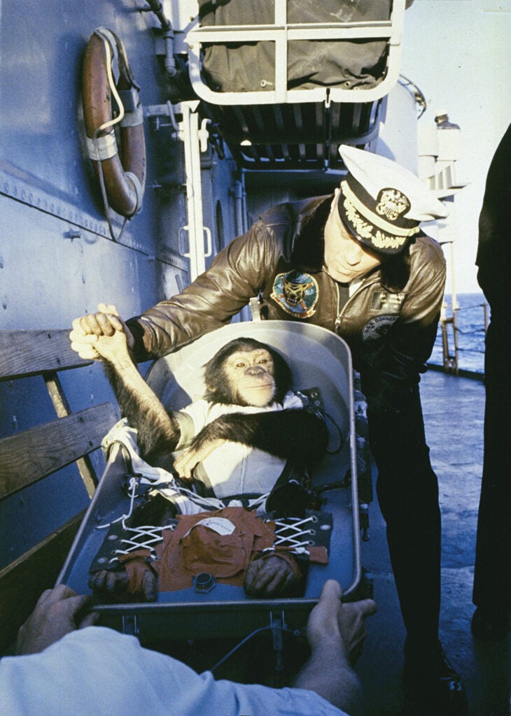 The first ape in space, Ham (an acronym for Holloman Aero Med) flew on a Mercury Redstone rocket a lot like Alan B. Shepard's. This Thursday marks the 52nd anniversary of his Jan. 31, 1961 flight. Just four years old at the time, Ham performed well on his suborbital journey, reaching an altitude of 157 miles and a top speed of 5,857 mph. In this photo, Ham is seen shaking hands with the commander of his recovery ship, USS <em>Donner</em> (LSD-20). Ham's mission paved the way for the successful launch of Shepard, America's first human astronaut, on May 5, 1961. Ham was placed on display at the Washington Zoo in 1963, where he lived alone until September 25, 1980, when he moved to a zoo in North Carolina. He died three years later.