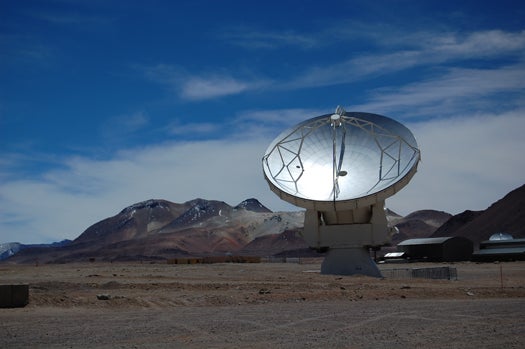 One of 50 12-meter ALMA antennas scans the daytime skies from the Chajnantor Plateau, at 16,400 feet in the Andes mountains.