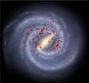 The red spots in this illustration show young, massive stellar objects are distributed in four major arms in the Milky Way. The black bulls-eye shows Earth’s location.