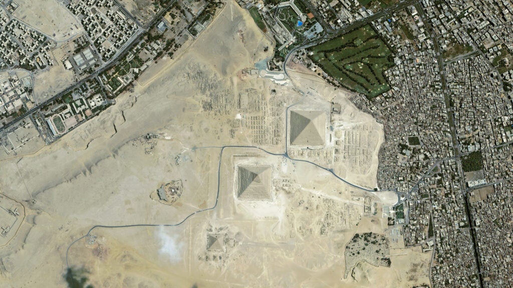 And now for a much older edifice in the Middle East: The Great Pyramid of Giza and its brethren. This image is from July 15, 2006, which was apparently a brilliantly clear day in the area outside Cairo, Egypt.