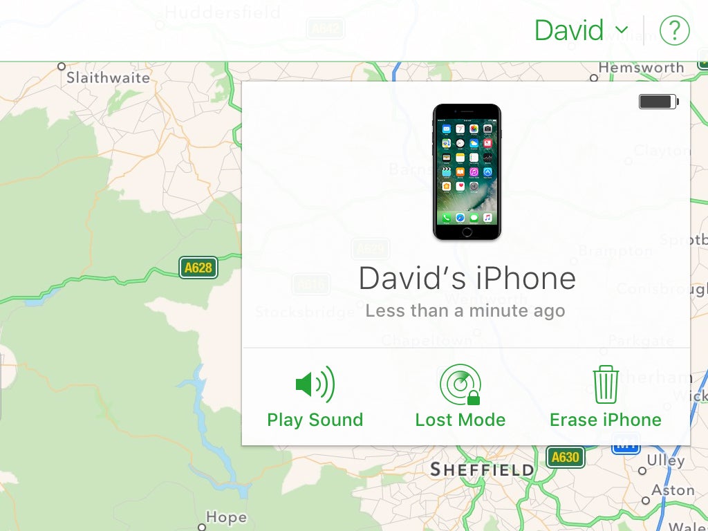 The Find My app screen on an iPhone, showing the location of David's iPhone.