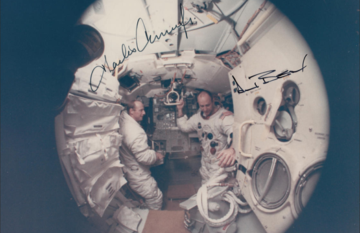 A fisheye view of Charles Conrad and Alan Bean at NASA's Kennedy Space Center, training for the second manned Moon landing attempt.