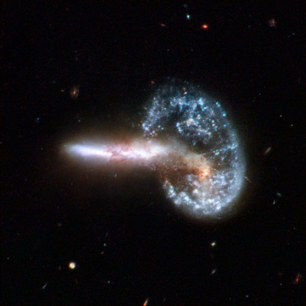 Arp 148 is the staggering aftermath of an encounter between two galaxies, resulting in a ring-shaped galaxy and a long-tailed companion. The collision between the two parent galaxies produced a shockwave effect that first drew matter into the center and then caused it to propagate outwards in a ring. The elongated companion perpendicular to the ring suggests that Arp 148 is a unique snapshot of an ongoing collision. Infrared observations reveal a strong obscuration region that appears as a dark dust lane across the nucleus in optical light. Arp 148 is nicknamed Mayall s object and is located in the constellation of Ursa Major, the Great Bear, approximately 500 million light-years away. This interacting pair of galaxies is included in Arp's catalog of peculiar galaxies as number 148.