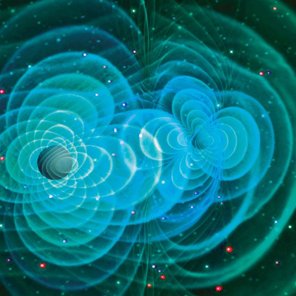 Nothing in the universe is more violent than the colli­sion of two black holes. At that instant, the impact releases more energy than every star in the universe combined. It also creates ripples in spacetime that travel at the speed of light, known as gravitational waves. Though invisible, they appear as blue lines in this image created by a NASA supercomputer.