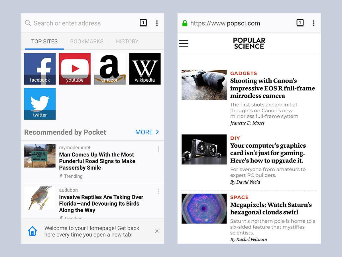 The Mozilla Firefox mobile browser, showing the Popular Science website.