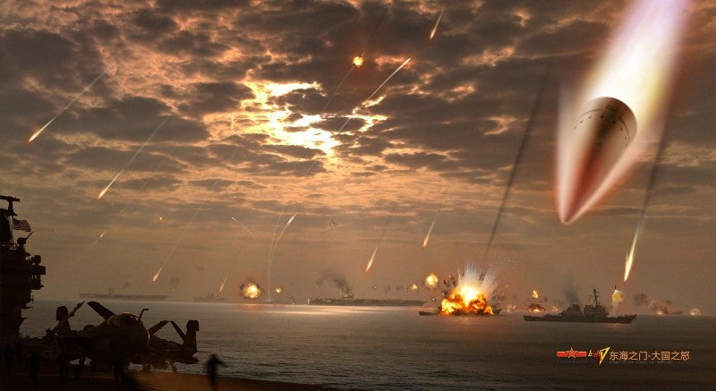 Ghost Fleet DF-21D Antiship Ballistic Missiles Stonefish falling on ships at sea