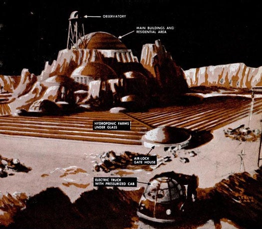 What would people do on a lunar base? In a condensed version of his book, <em>The Exploration of Space</em>, Arthur C. Clarke described how space workers establish pressurized, permanent colonies so they could mine the moon for mineral resources. Initial bases made of plastic material or reinforced plastic would resemble igloos. Since a lunar night is equivalent to 14 Earth days, settlers would eventually build an observatory used for studying astronomy under stronger seeing conditions. If inhabitants found frozen water in caves, they could electrify it to produce hydrogen and oxygen, which could in turn provide rocket fuel for spaceships stopping over on voyages to other planets. Read the full story in <a href="http://books.google.com/books?id=oiEDAAAAMBAJ&amp;lpg=RA1-PA67&amp;dq=planet%20colony&amp;pg=RA1-PA65#v=onepage&amp;q=planet%20colony&amp;f=false">"What Will We Do with the Moon?"</a>