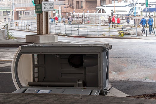 Portable toilet into the middle of an intersection in lower Manhattan.
