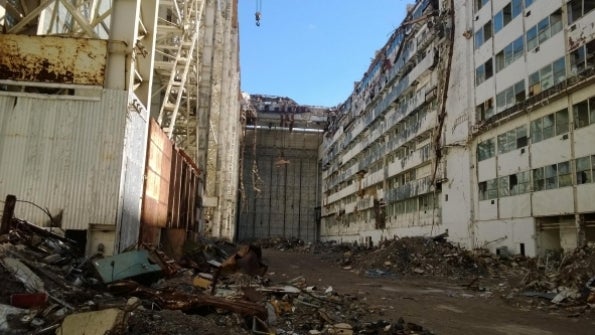 The ruins of the hangar that housed Buran, the one flown Soviet space shuttle.