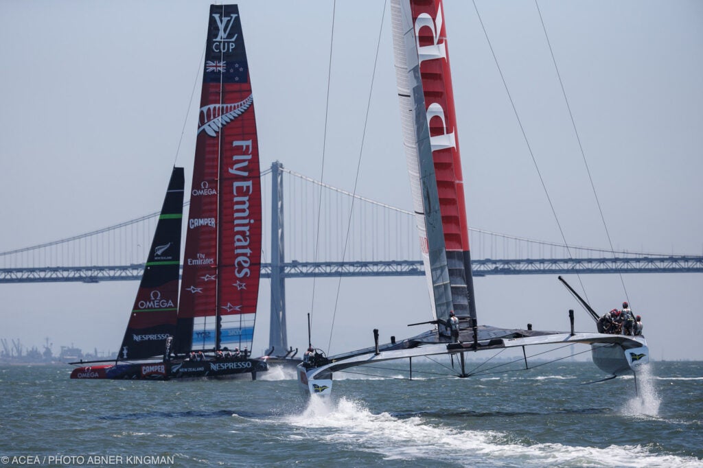 The boats in the 34th America's Cup are insanely fast. When the AC72 reaches 43 knots, or about 49 miles an hour, it sails its 72-foot length in one second. The sloops in the 2007 America's Cup had an average top speed of 12 knots, or about 14 miles per hour. At that speed it took four seconds to sail their 80-foot length. Put another way, the sailboats sailing in the race area just next to the Golden Gate Bridge, will be exceeding the speed limit for cars on the bridge.