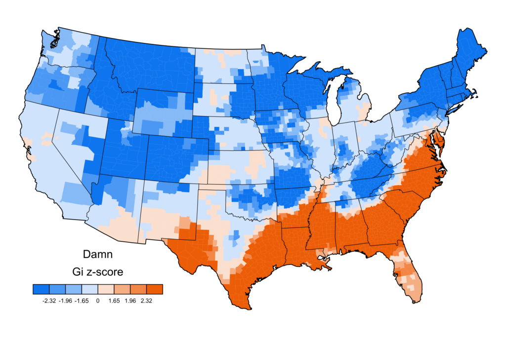 Linguistics expert Jack Grieve, from Aston University in Birmingham, England, made these <a href="https://sites.google.com/site/jackgrieveaston/treesandtweets">swear word maps</a> of the U.S. showing where certain phrases are more common. He used geotagged data from Twitter to visualize where people were cursing more or less. The orange means it was very common and the blue means it wasn't common using a <a href="http://resources.esri.com/help/9.3/arcgisengine/java/gp_toolref/spatial_statistics_tools/how_hot_spot_analysis_colon_getis_ord_gi_star_spatial_statistics_works.htm">hotspot algorithm</a>. You can see how other words mapped out <a href="https://sites.google.com/site/jackgrieveaston/treesandtweets">here</a>.