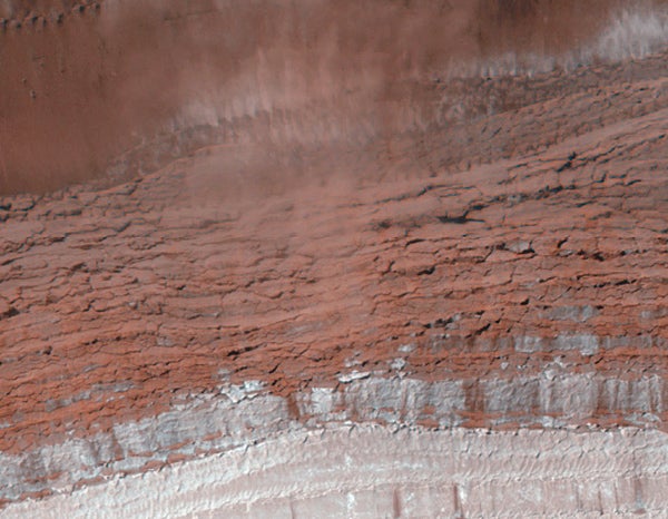 Ice and dust cascade down a steep 2,300-foot slope. The HiRISE has captured no fewer than four avalanches in action, marking rare moments of activity on the mostly motionless terrain. Scientists will study the debris, which is likely more ice than dust, to determine how H2O on Mars cycles between ice and gas.