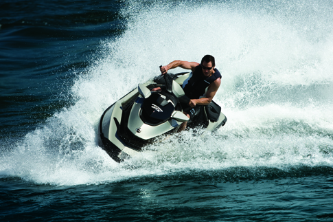 Traditional personal watercraft merely slow to a stop after you let go of the throttle, but when a rider squeezes the Sea-Doo's bicycle-like handbrake, a computer cuts the power so the forward jet quickly stops thrusting. The computer also calculates the precise amount of thrust needed to counter the forward momentum, and drops an aluminum gate up to two inches below the hull, creating drag and reversing the thrust to slow the craft down.