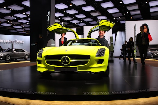 With its gullwing doors and radioactive paint job—officially, that color is "AMG lumilectric magno"— the Mercedes SLS AMG E-Cell, a pure-electric supercar that made its North American debut in Detroit, was the flashiest car at the show. Mercedes insists the car is real, and that it will go into production in 2013.