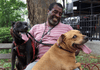 man with two dogs