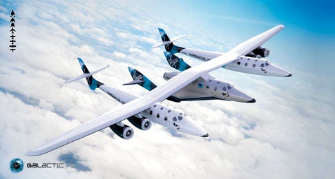 A rendering of the full <em>WhiteKnightTwo-SpaceShipTwo</em> combo, which Virgin Galactic hopes will start carrying tourists to space in 2010.