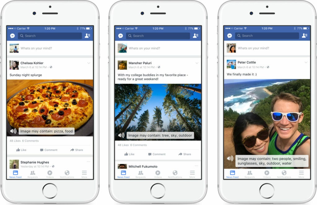 Facebook's new automatic alternative text uses artificial intelligence to recognize objects and people in photos.