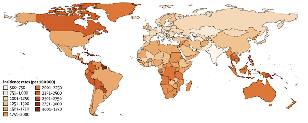 Incidence of asthma by country for children under 18 years old