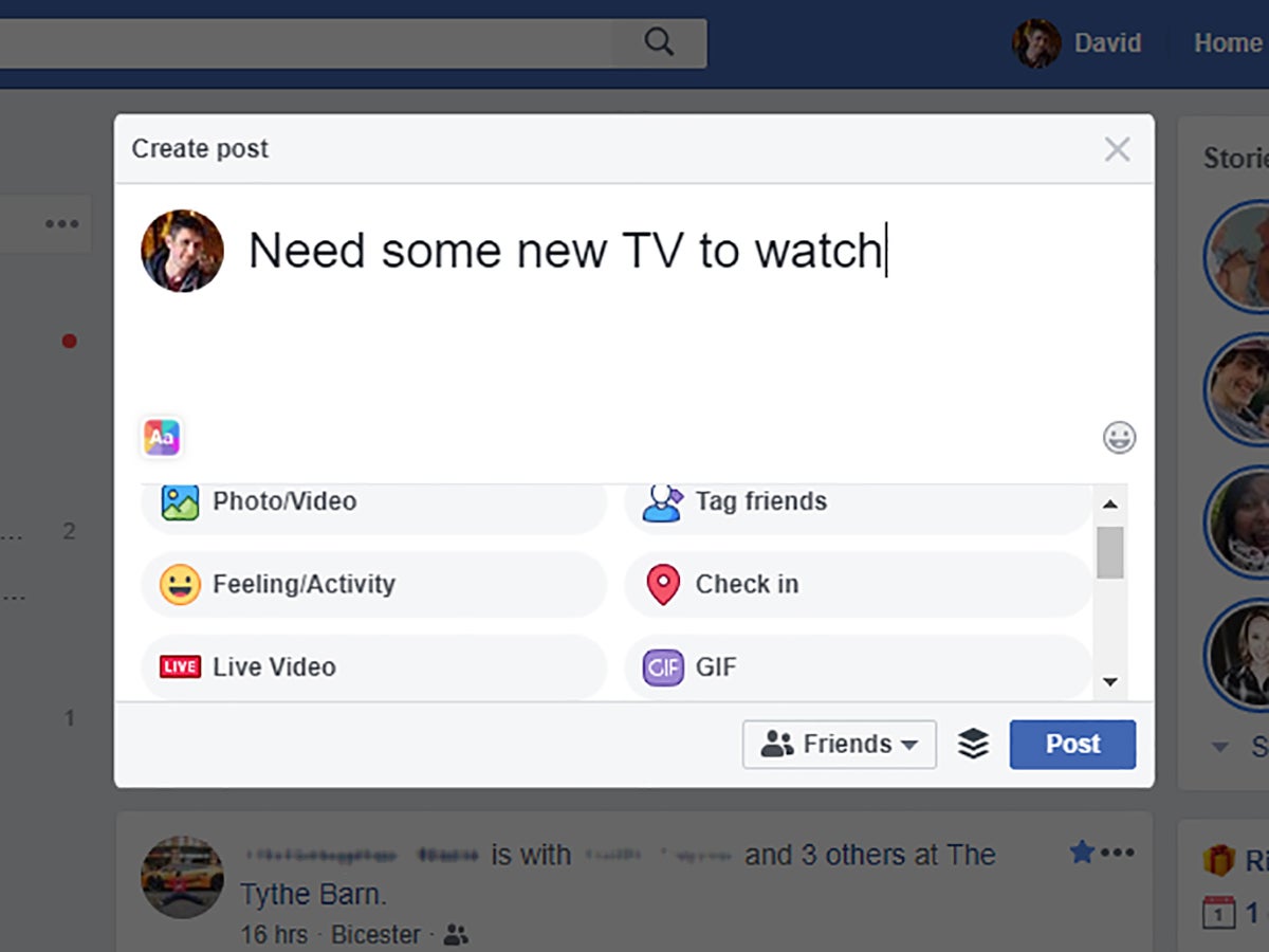 A draft Facebook post reading, "Need some new TV to watch."