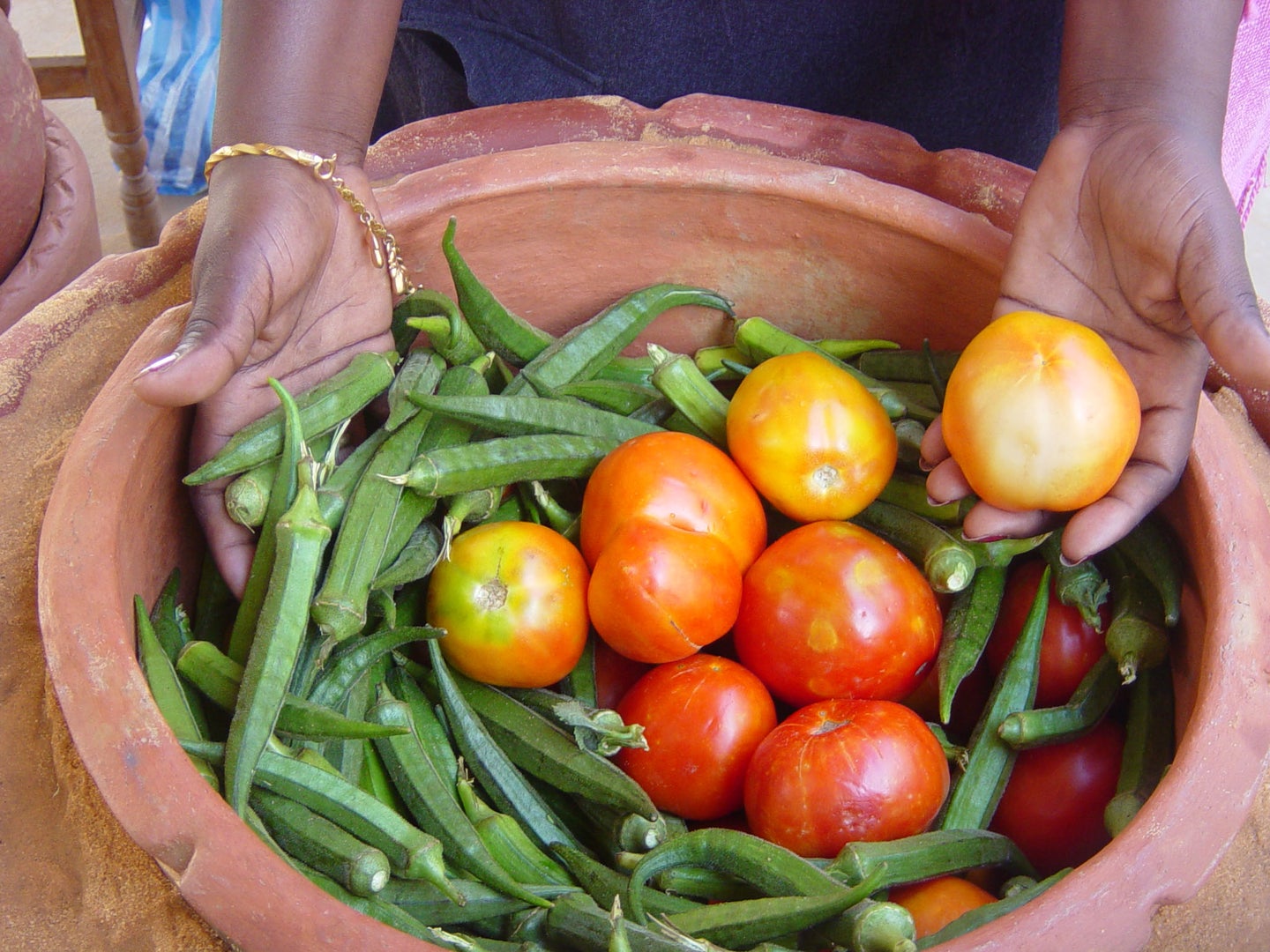 A Black person reaching their hands into a zeer pot—a type of DIY refrigerator—full of green beans, tomatoes, and other produce.