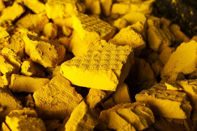 A photo of yellow cake uranium, a solid form of uranium oxide produced from uranium ore. Yellow cake must be processed further before it is made into nuclear fuel. Courtesy of Energy Fuels Inc.