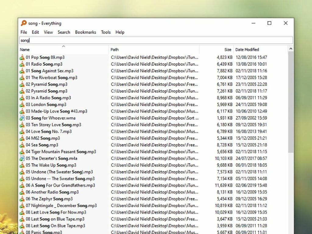 The Everything interface, showing all files on a Windows computer.