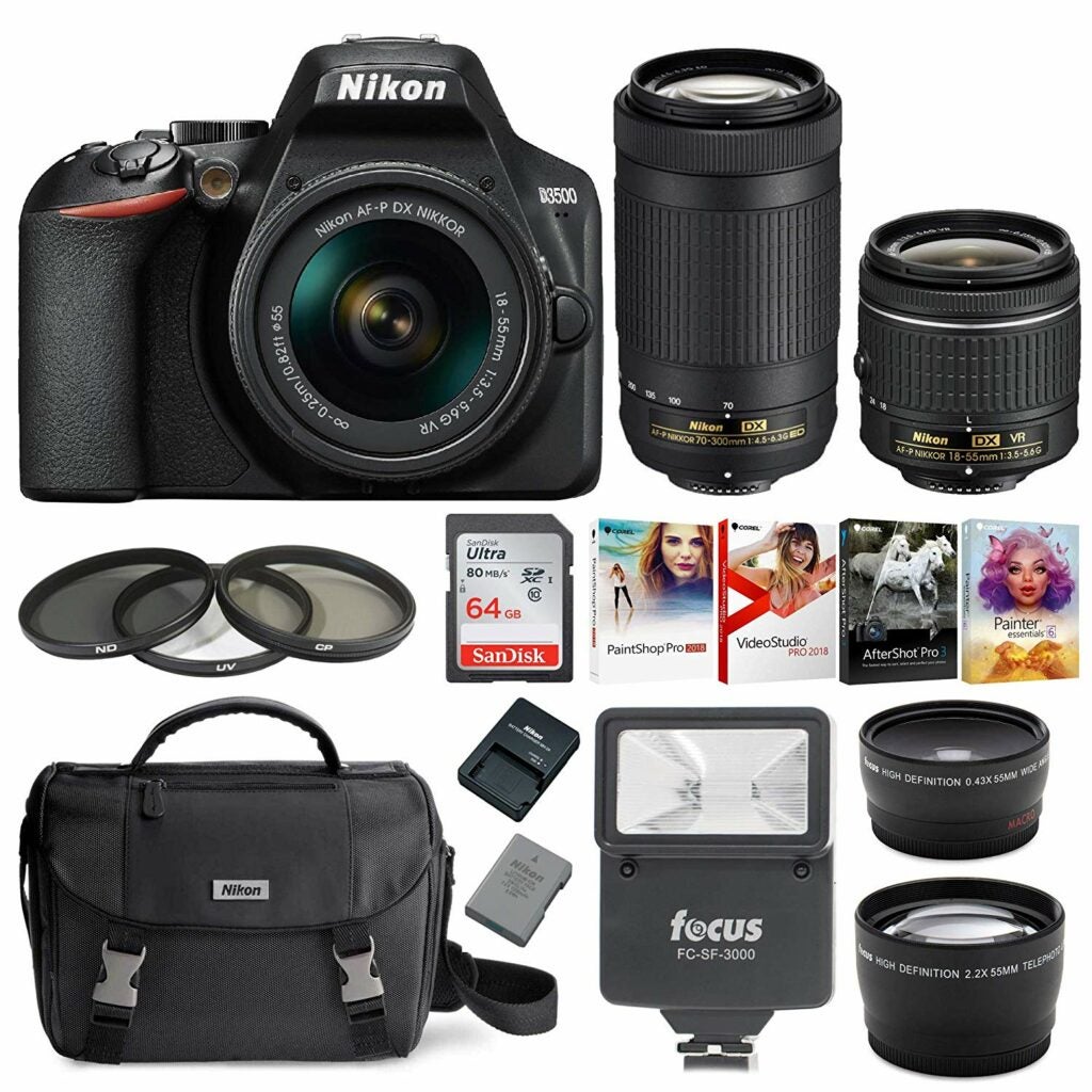 A Nikon D3500 DSLR camera with extras.