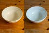 Pictures of bowls over a wooden table contrasted