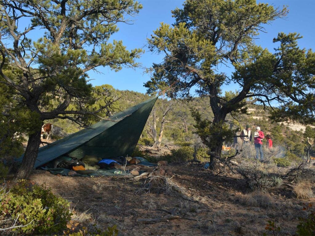 a backcountry hunting camp with a tarp
