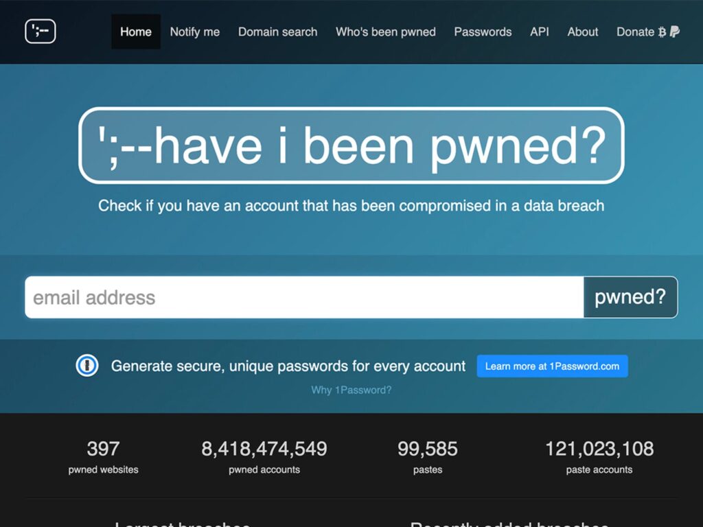 The main page of the "Have I Been Pwned?" website for checking if you've been hacked.