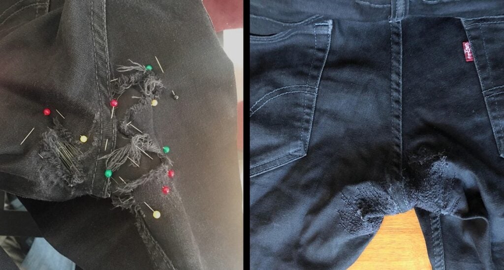 a before and after of reweaving black jeans