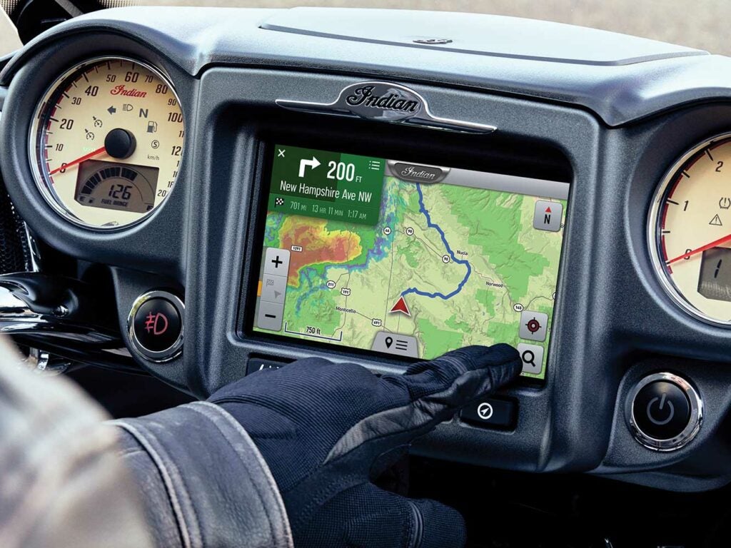Indian’s already intuitive Ride Command infotainment system receives connected services like weather and traffic map overlays.