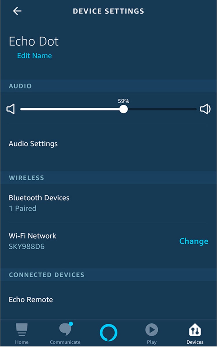 The settings panel for Amazon's Alexa on the Amazon Echo app.