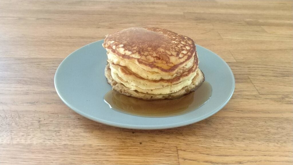 stack of pancakes on a blue plate