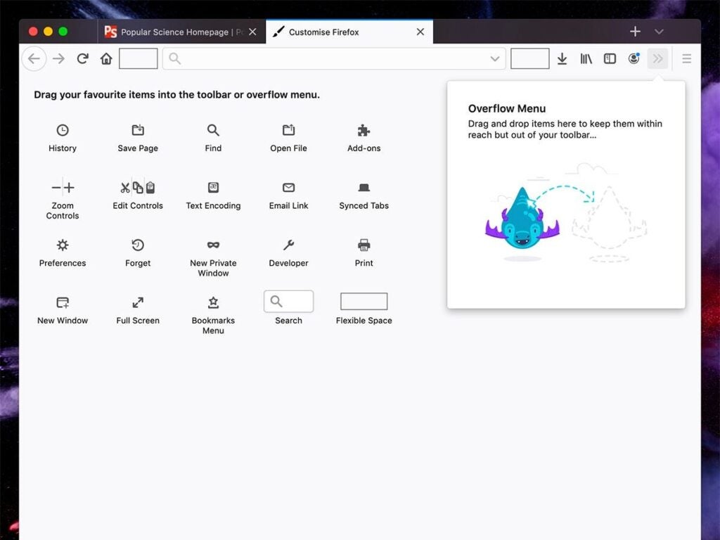 The toolbar customization tab in Firefox, showing the overflow menu.