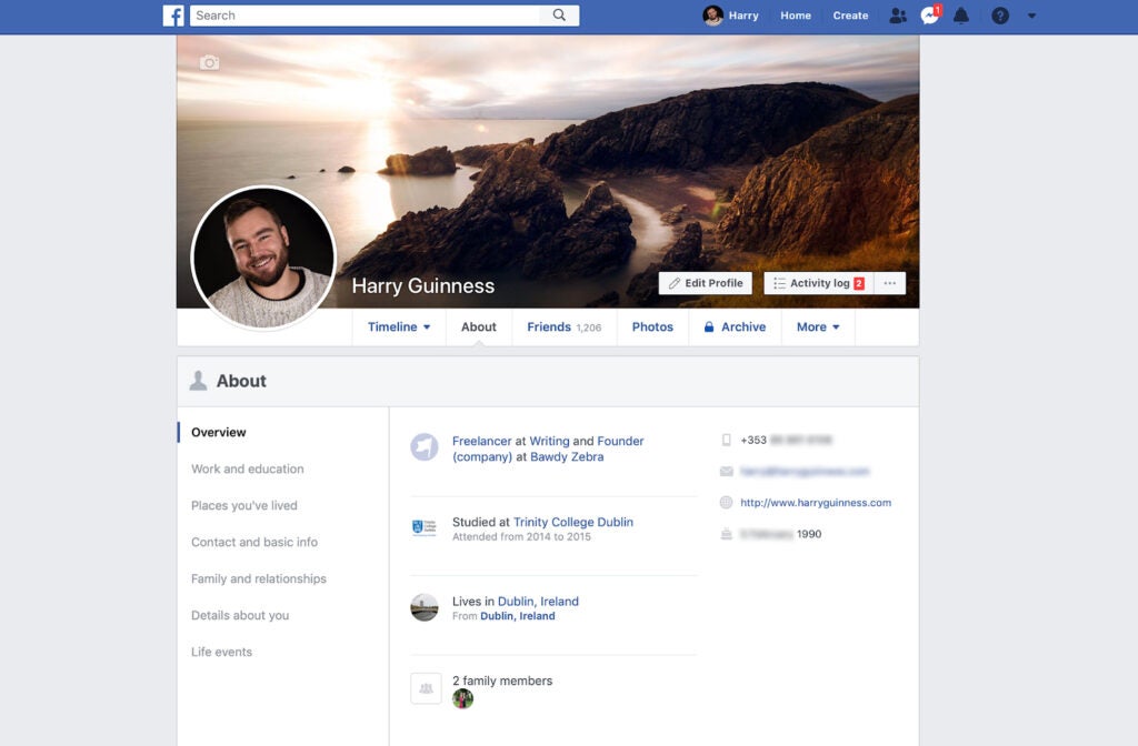 A person's Facebook account with a lot of personal information displayed