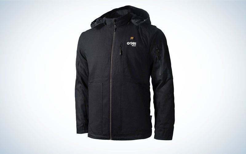 A Gobi Grit black heated work jacket on a plain background