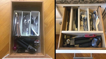 a before and after photo of a messy kitchen utensil drawer and a drawer organized with a homemade DIY drawer organizer