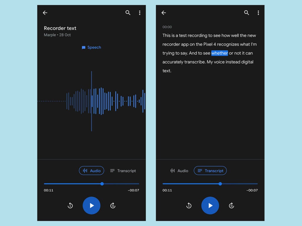 screenshot of recorder app transcribing tool on pixel 4