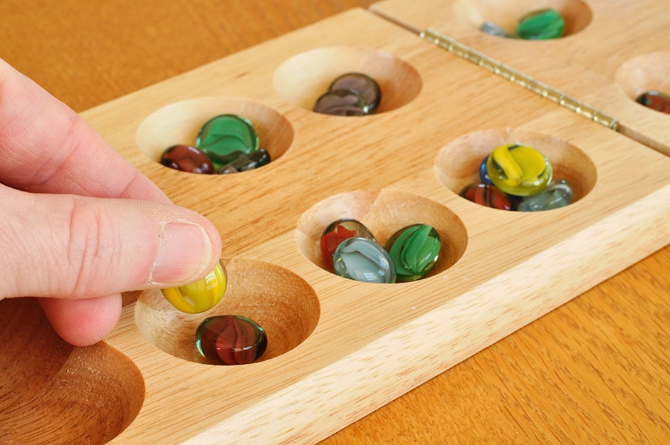 Matty's Toy Stop Deluxe Solid Wood Folding Mancala Game with 48 Multi-Colored Gems and 48 Clear Gems 96 Gems Total 