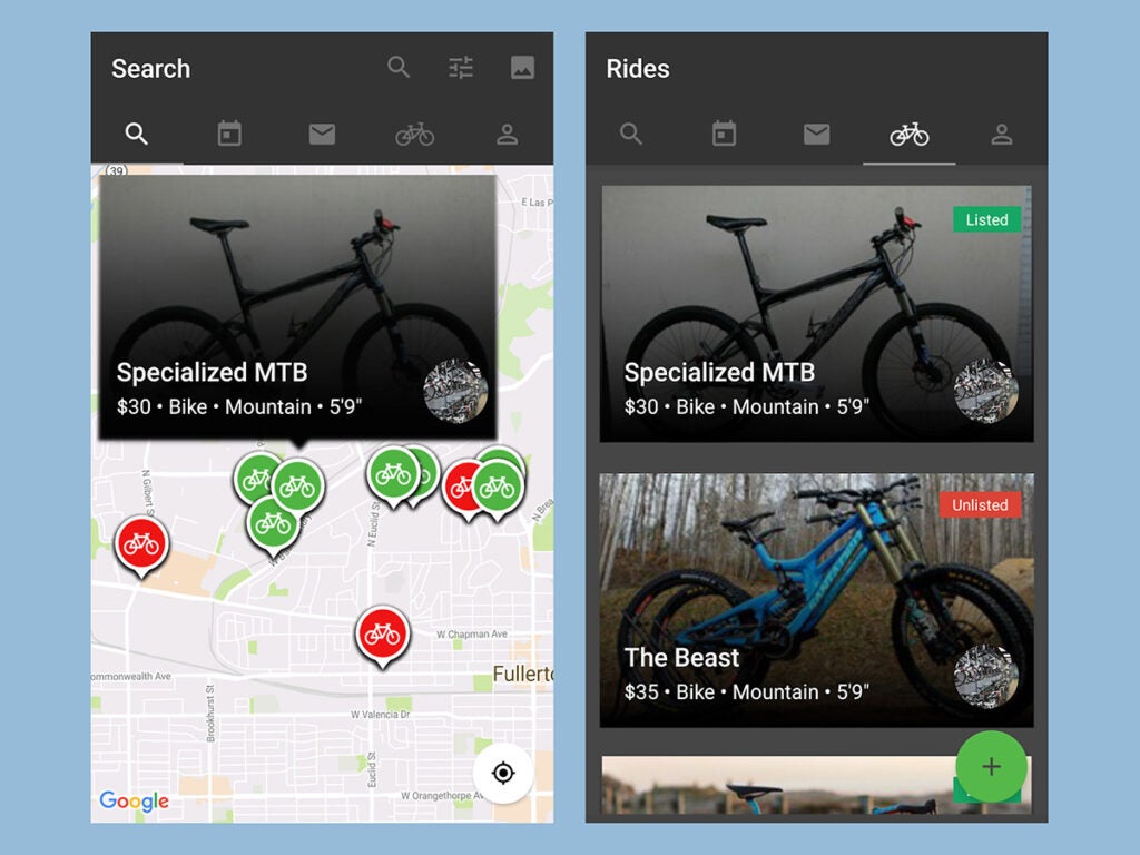 screenshots of the Spinlister app interface with photos of bicycles