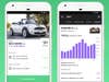 screenshots of the Turo app interface, with a mini cooper and a Porsche 911, plus some money graphs