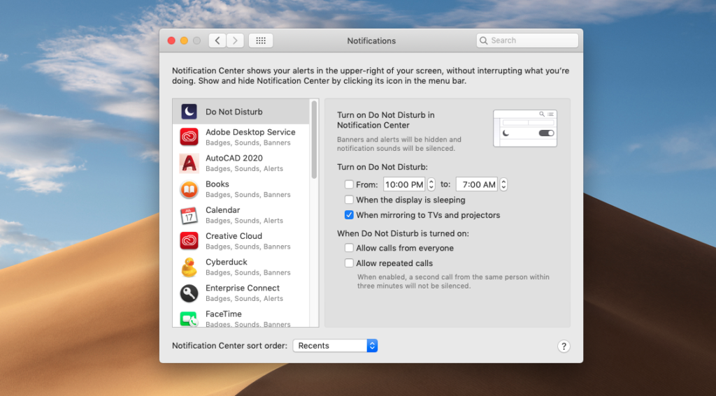Screenshot of do not disturb setting on mac os