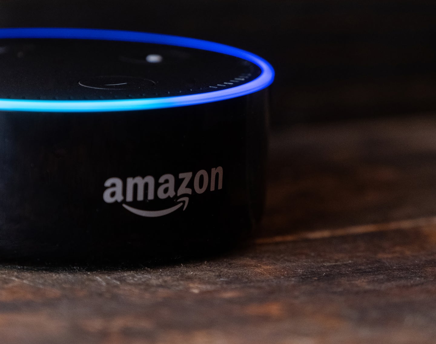 Close-up of an amazon echo on a wooden table