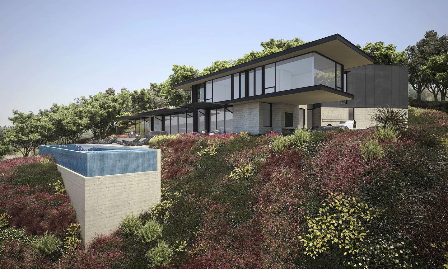 rendering of modular house on hill with shrubland around it