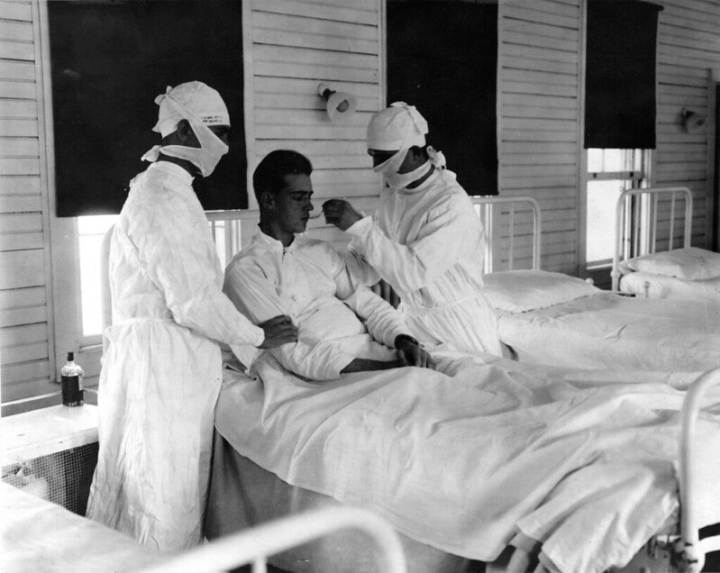A man being treated for flu in New Orleans, Louisiana circa 1918
