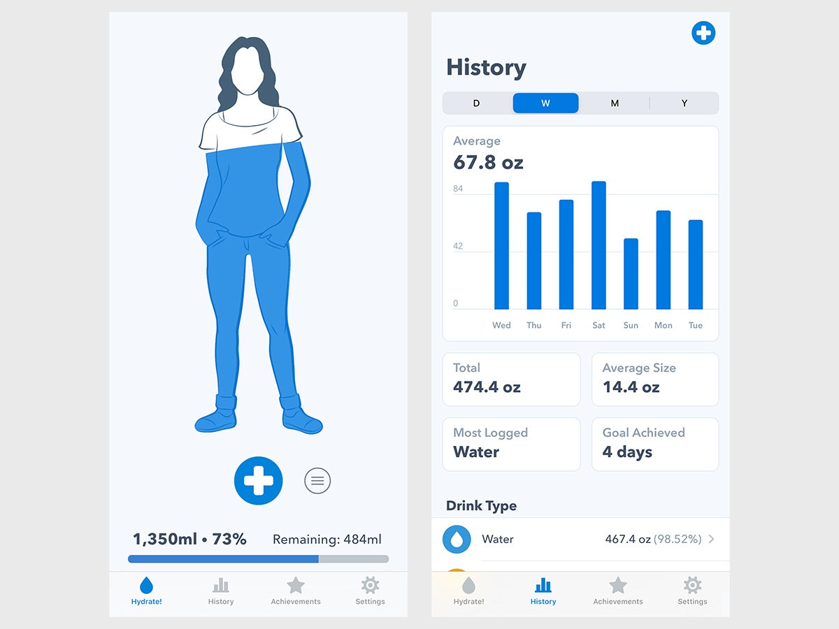The WaterMinder app, where you can track your water intake.