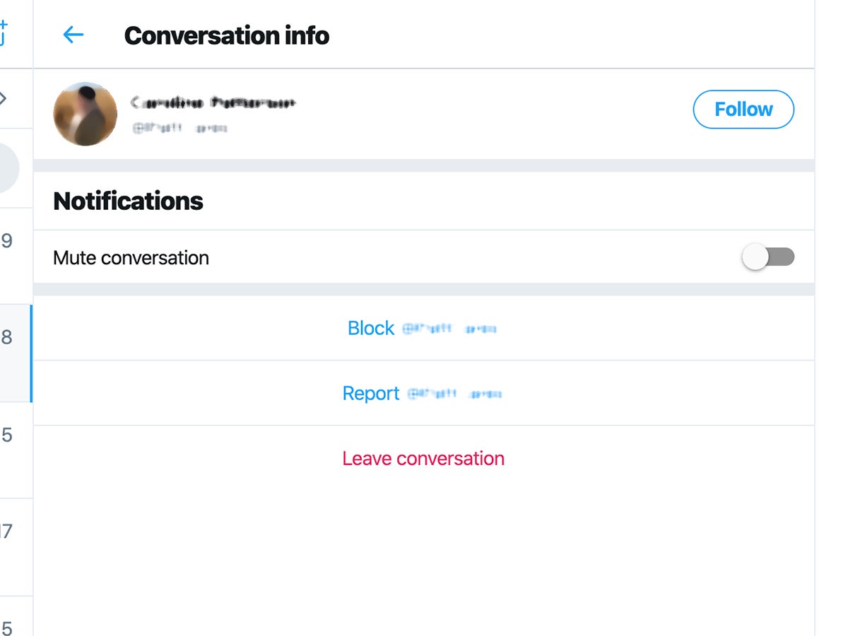 Twitter's options to block and report a user, or to leave the conversation.