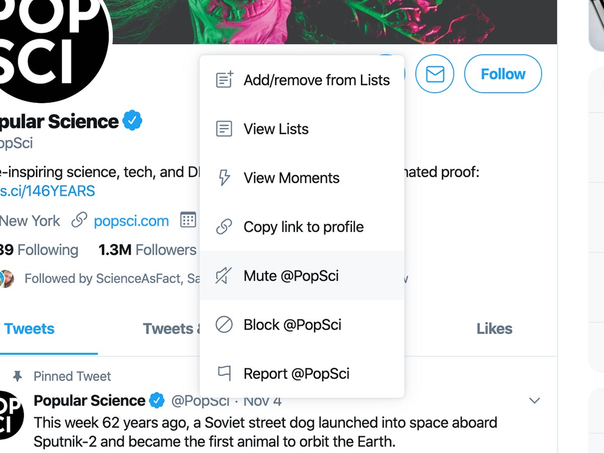 Popular Science's Twitter account with the mute option highlighted.